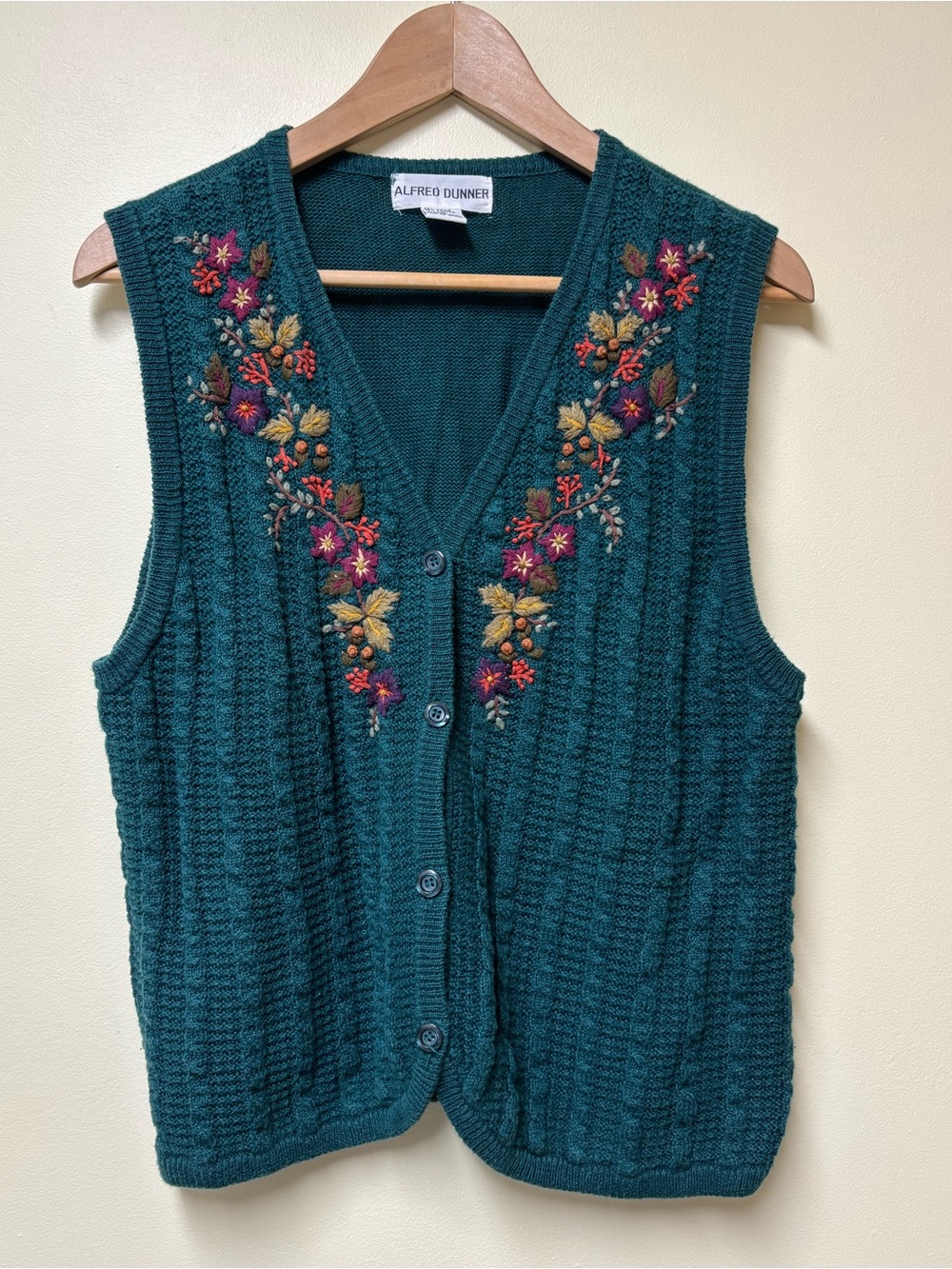 Vintage Grannycore Dunner Embroidered Floral Leaves Fall Green Vest Medium